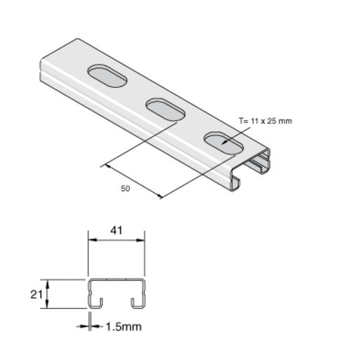 Unistrut P4000T10X3 41x21 Pre-Galvanised Slotted Channel 3m Light Duty