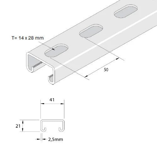 Unistrut P3300T10X3 41x21 Slotted Pre-Galvanised Channel 3m