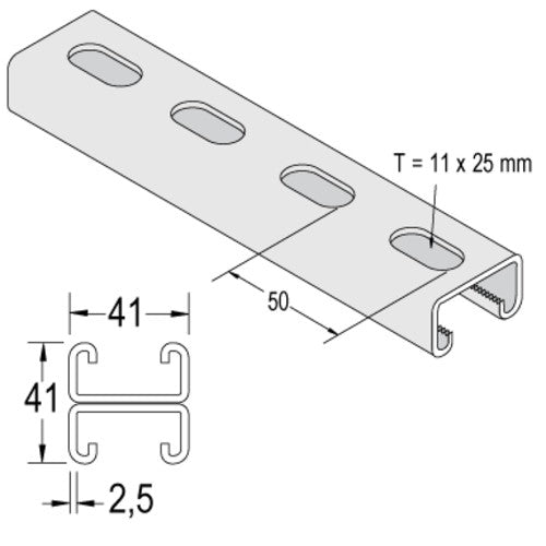 Unistrut P3301T10P 41x21 Back to Back Slotted Plain Oil Channel 6m