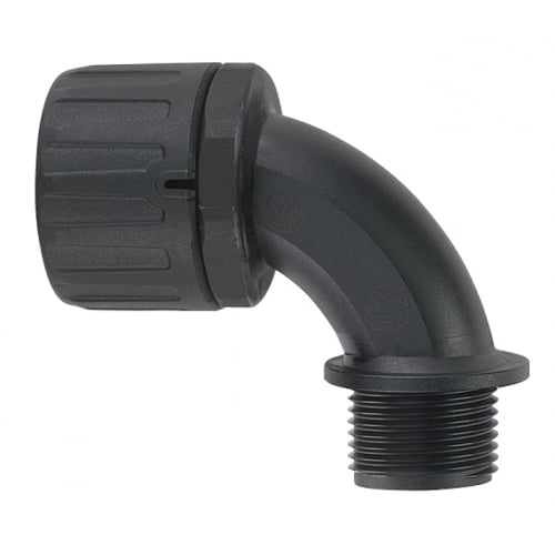 Flexicon FLK28-M25-90B Flexilok Type FLK Black Fast Fit Nylon 90° Elbow Fixed External Thread Connector For Non-Metallic Flexible Conduit IP66 M25 28mm
